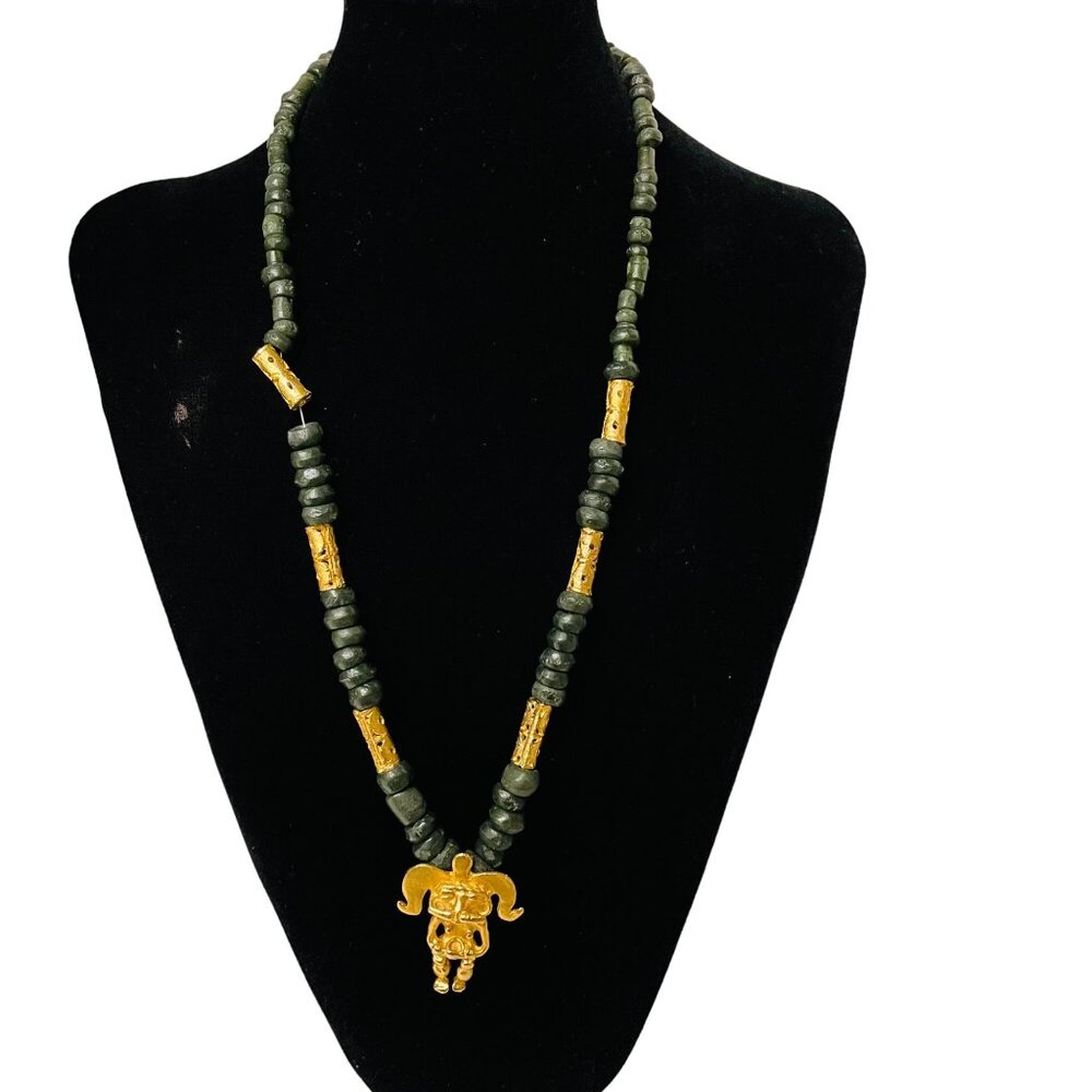 Gold & Green Stone Beaded Necklace With Tribal‎ Pendant 26"